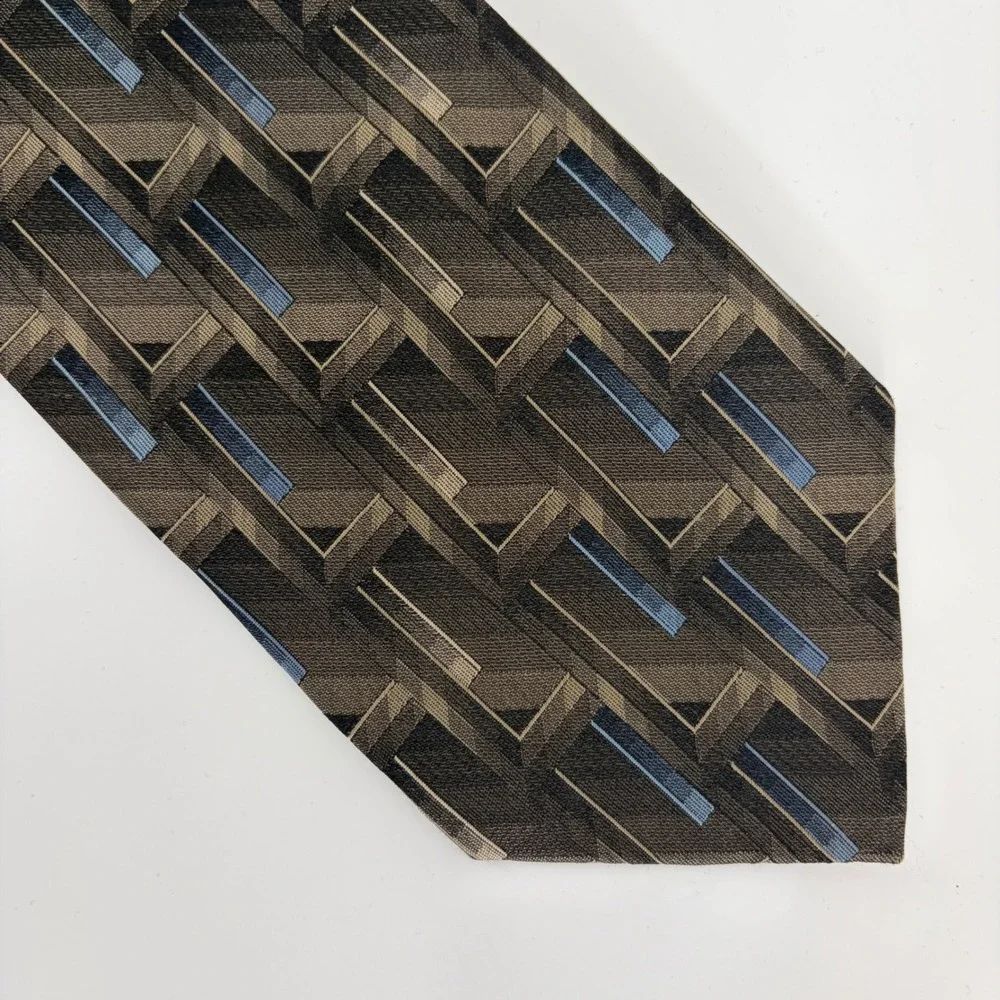 Murano Mens Silk Tie Brown Blue Geometric Abstract Architectural Made in USA